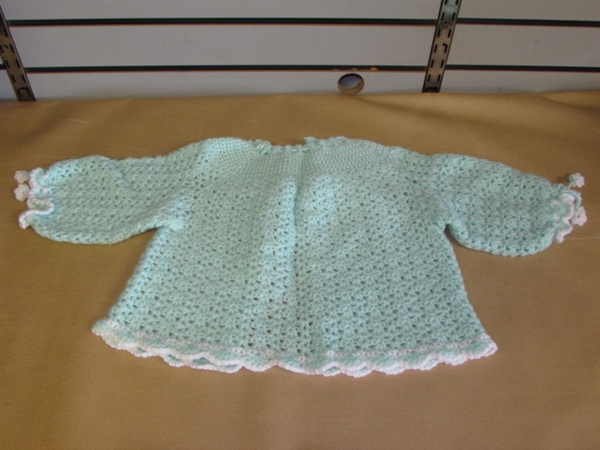 THE PERFECT ONE OF A KIND PALE GREEN HAND CROCHET BABY SWEATER & MATCHING BLANKET FOR THE NEW ARRIVAL