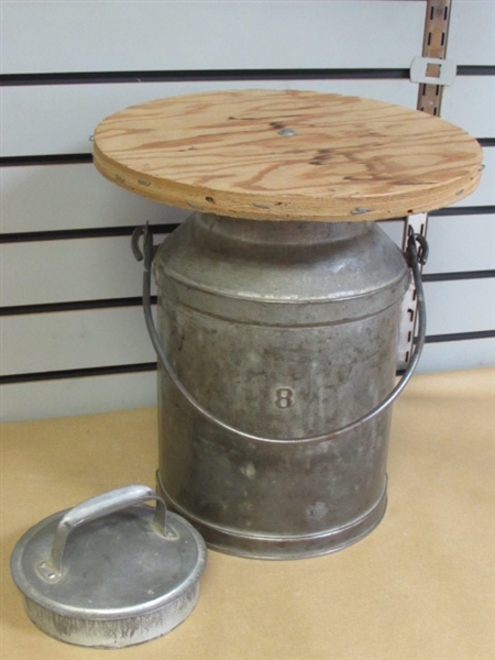 RUSTIC DECOR THAT DOUBLES AS A STOOL! STEEL NO. 8 CREAM CAN WITH CUSTOM MADE SEAT