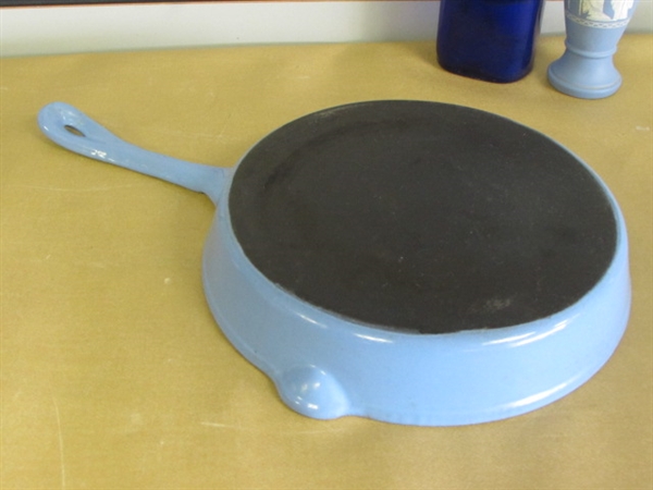 BEAUTIFUL ROBIN'S EGG BLUE PORCELAIN ENAMEL FRY PAN, LENOX TEA CUPS, CREAMER & SERVING DISH & MORE
