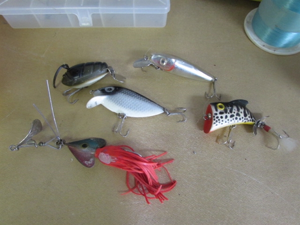 LOADS OF GREAT FISHING GEAR-VINTAGE LURES, GARCIA MITCHELL REEL, BASS HOOKS, LINE & MORE!