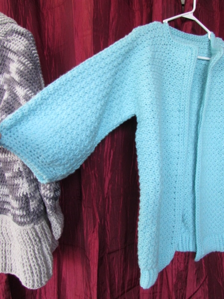 TWO EXPERTLY HAND CROCHET LADIES SWEATERS-CHECK THEM OUT THEY ARE SO SOFT & CUTE TOO!
