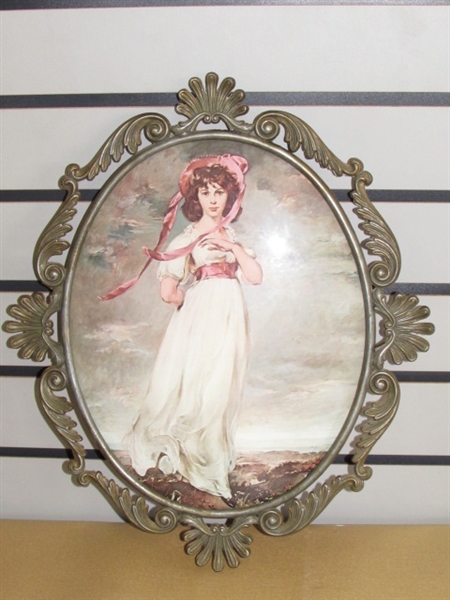 ORNATE BRASS FINISH FRAMES WITH CONVEX GLASS WITH FAMOUS VICTORIAN PRINTS INSIDE