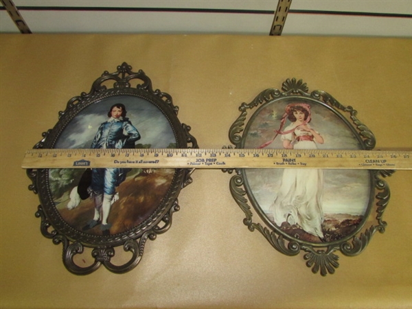 ORNATE BRASS FINISH FRAMES WITH CONVEX GLASS WITH FAMOUS VICTORIAN PRINTS INSIDE