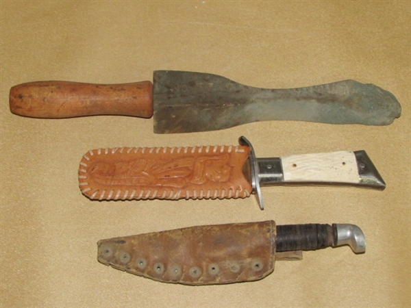 COOL OLD HUNTING KNIVES! STACKED LEATHER WEST CUT & HANDCRAFTED W/ SHEATHS & SHARPENING STONE