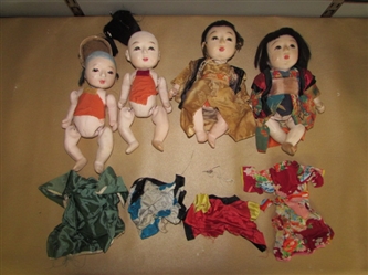 FOUR ANTIQUE CHINESE ICHIMATSU GOFUN DOLLS WITH SWEET FACES, JUST NEED A LITTLE LOVE
