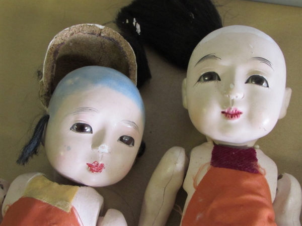FOUR ANTIQUE CHINESE ICHIMATSU GOFUN DOLLS WITH SWEET FACES, JUST NEED A LITTLE LOVE