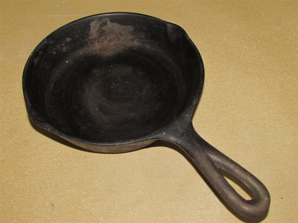TWO VINTAGE CAST IRON PANS SKILLETS- ONE BIG WITH HAMMERED TEXTURE, ONE SMALL
