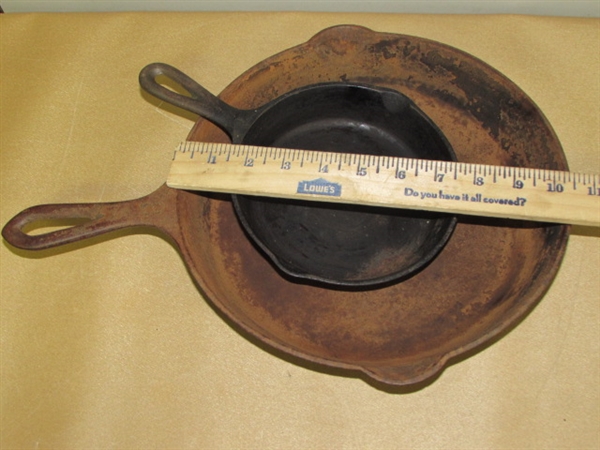 TWO VINTAGE CAST IRON PANS SKILLETS- ONE BIG WITH HAMMERED TEXTURE, ONE SMALL