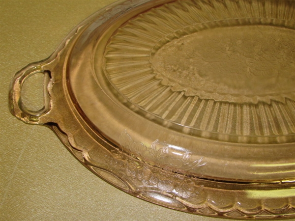 BEAUTIFUL MAYFAIR OPEN ROSE PINK DEPRESSION GLASS PLATTER WITH SILVER PLATE TRAY & UTENSILS