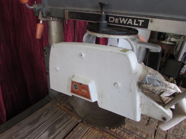 DEWALT RADIAL ARM SAW WITH B&D 3.5HP MOTOR ON AWESOME STEEL TABLE WITH HEAVY DUTY CASTERS