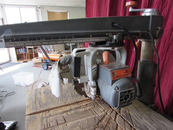 DEWALT RADIAL ARM SAW WITH B&D 3.5HP MOTOR ON AWESOME STEEL TABLE WITH HEAVY DUTY CASTERS