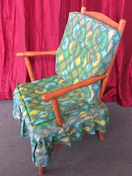 REALLY NICE OLD MAPLE SLAT BACK ARM CHAIR WITH PADS AND RUFFLED SKIRT.