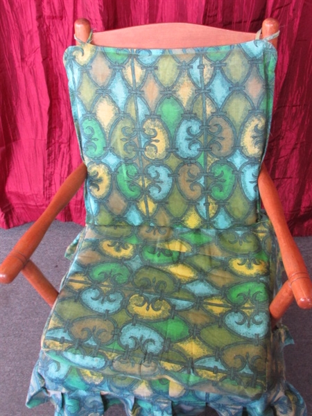 REALLY NICE OLD MAPLE SLAT BACK ARM CHAIR WITH PADS AND RUFFLED SKIRT.