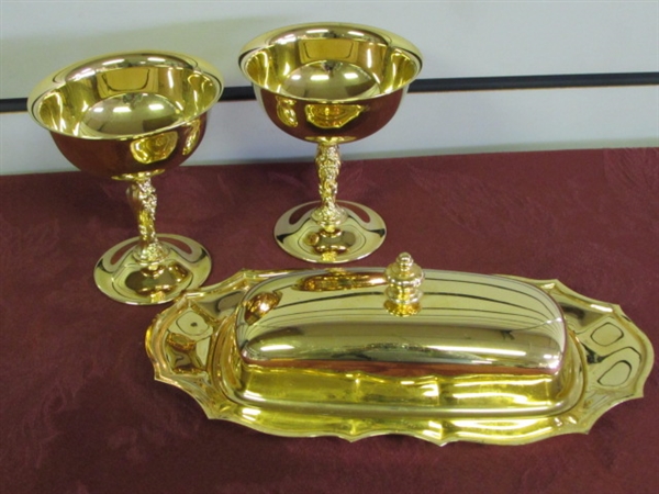 EXQUISITE INTERNATIONAL SILVER CO. 23K ELECTROPLATED GOLD BUTTER DISH WITH GLASS INSERT & GOBLETS