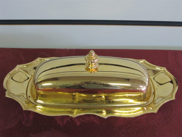 EXQUISITE INTERNATIONAL SILVER CO. 23K ELECTROPLATED GOLD BUTTER DISH WITH GLASS INSERT & GOBLETS