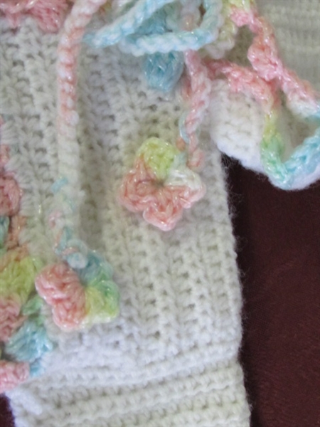 EXPERTLY HANDMADE & NEVER USED! TWO BABY BLANKETS, 4 SWEATERS, A HAT & BOOTIES