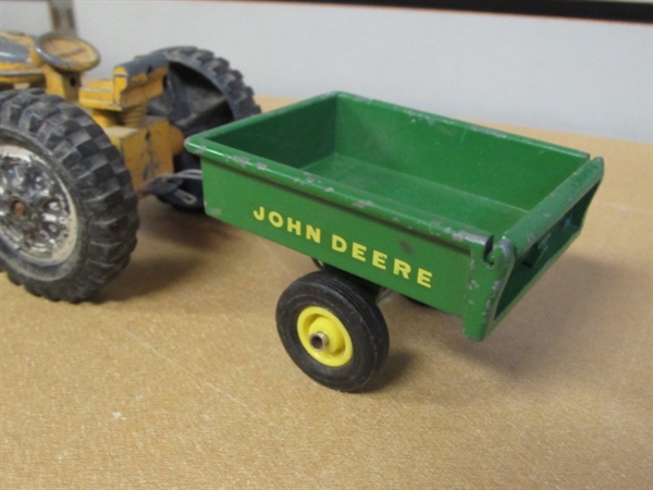 VINTAGE HUBLEY KIDDIE TOY YELLOW DIECAST TRACTOR, JOHN DEER TRAILER, TINY TOY CARS & JET