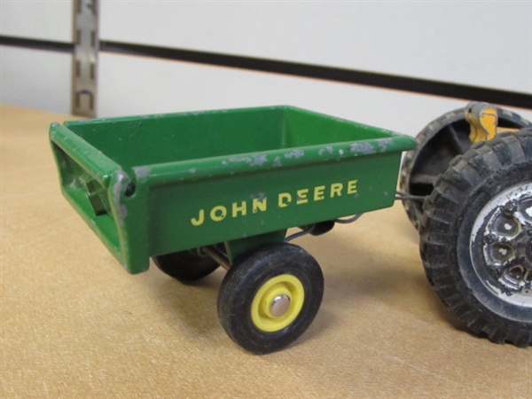 VINTAGE HUBLEY KIDDIE TOY YELLOW DIECAST TRACTOR, JOHN DEER TRAILER, TINY TOY CARS & JET