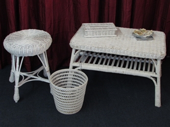 WHITE WICKER STOOL, TABLE, WASTE BASKET & TISSUE COVER YOUR YOUR SHABBY CHIC BED OR BATH