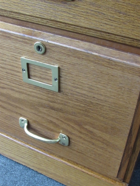 NICE TWO DRAWER OAK WOOD FILE CABINET WITH BRASS HANDLES & PENDAFLEX FILES