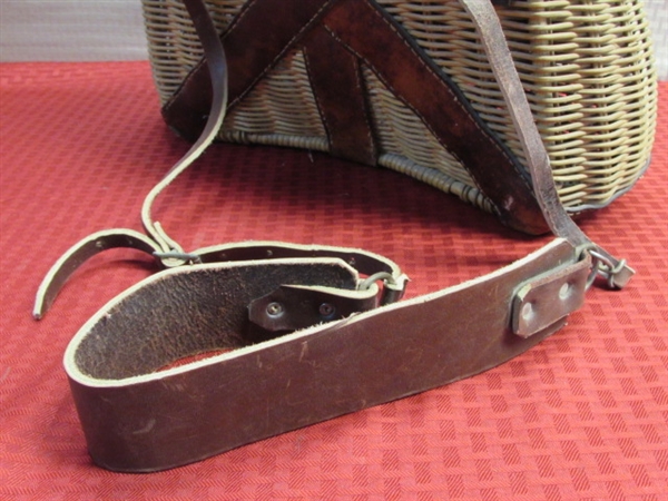 ANTIQUE WICKER FISHING CREEL WITH LEATHER STRAP & TRIM
