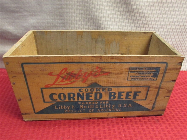 WOODEN CRATE & BOXES -RARE VINTAGE 7 UP CRATE, LIBBY'S CORNED BEEF CRATE & MORE