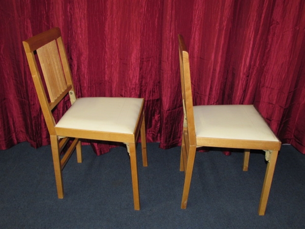PAIR OF WOOD FRAMED FOLDING CHAIRS FOR ANYWHERE YOU NEED AN EXTRA SEAT OR TWO!