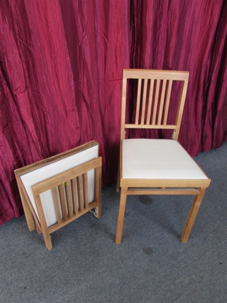 PAIR OF WOOD FRAMED FOLDING CHAIRS FOR ANYWHERE YOU NEED AN EXTRA SEAT OR TWO!