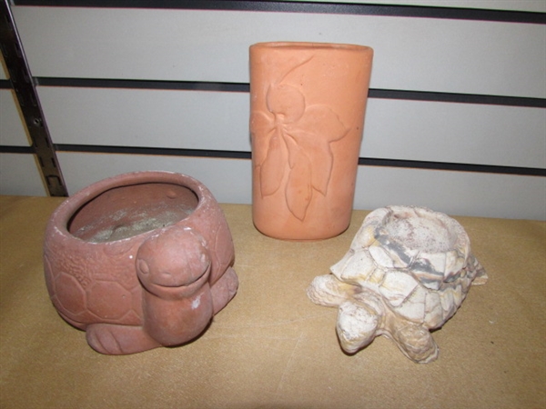 TWO TERRACOTTA STRAWBERRY POTS, A COUPLE CUTE TURTLE PLANTERS, BIRD FEEDER & MORE