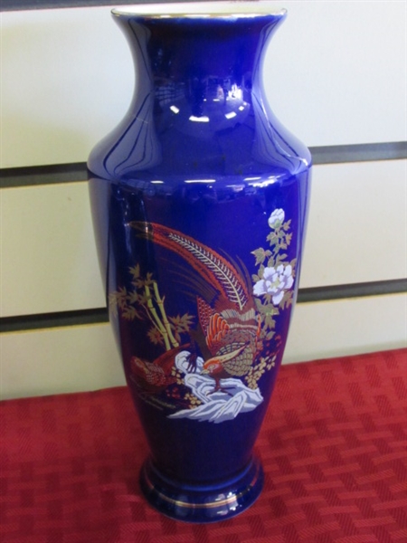 GORGEOUS COLLECTION OF COBALT BLUE ORIENTAL VASES WITH PEACOCKS & PEONIES