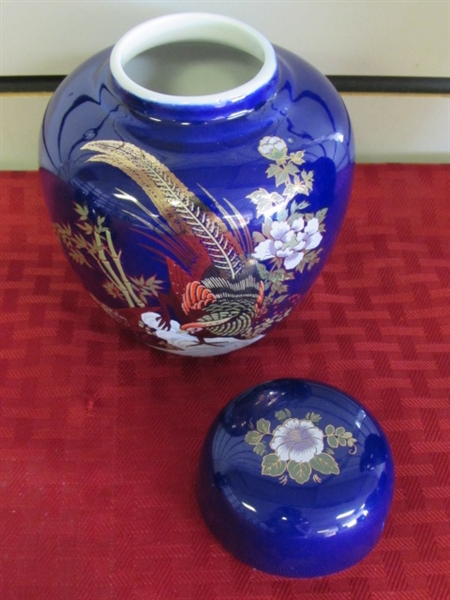 GORGEOUS COLLECTION OF COBALT BLUE ORIENTAL VASES WITH PEACOCKS & PEONIES