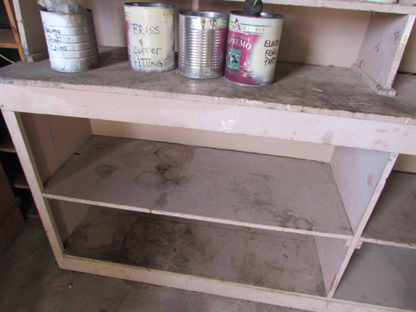 GET ORGANIZED IN THE SHOP WITH THIS GREAT SHELVING UNIT w/CANS OF MISC. HARDWARE