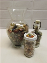 A VASE, JAR & VINTAGE BOTTLE OF SEMI-PRECIOUS TUMBLED STONES