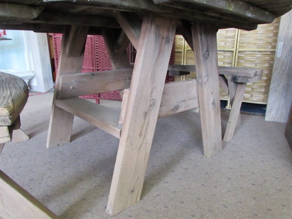 REDWOOD TABLE AND 4 BENCHES