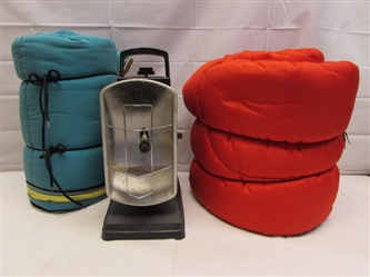 COLEMAN PROPANE RADIANT HEATER AND SLEEPING BAGS