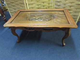 CARVED BIRD COFFEE TABLE WITH GLASS OVERLAY