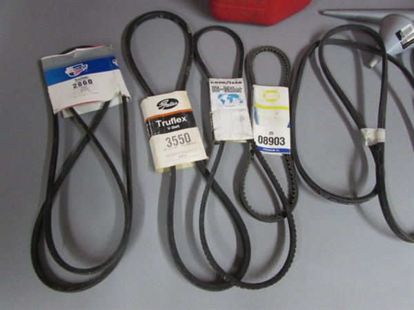 ASSORTMENT OF 7 V-BELTS AND A 2 GALLON GAS CAN