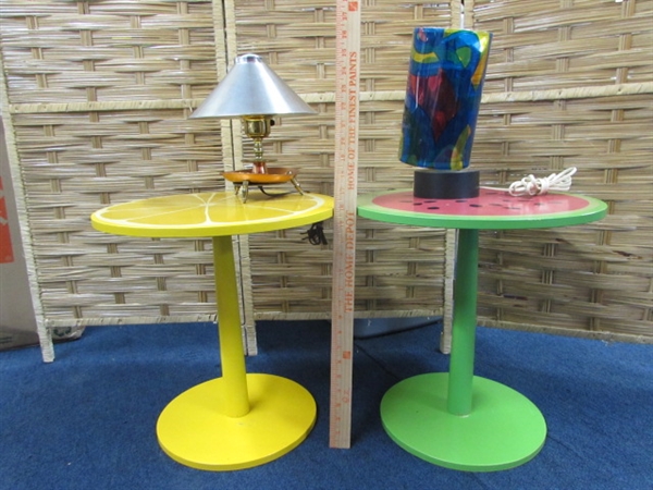 TWO FRUITY TABLES & SOME FAR OUT LAMPS