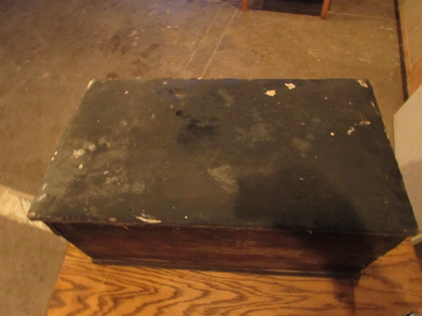 VERY OLD TRUNK WITH FAUX LEATHER HINGED LID