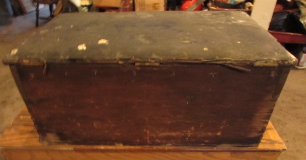 VERY OLD TRUNK WITH FAUX LEATHER HINGED LID