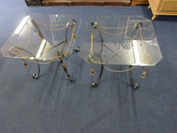 TWO BEAUTIFUL WROUGHT IRON & GLASS TABLES