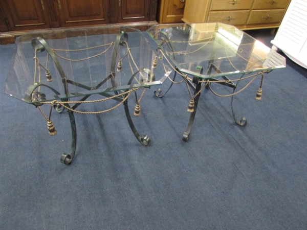 TWO BEAUTIFUL WROUGHT IRON & GLASS TABLES