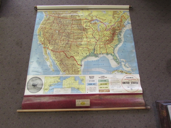 VINTAGE CRAMS PHYSICAL-POLITICAL PULL-DOWN SCHOOLHOUSE MAP