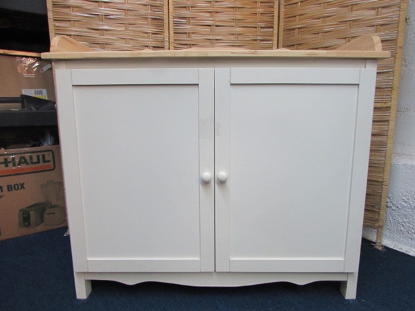 WHITE CABINET WITH WOOD TOP