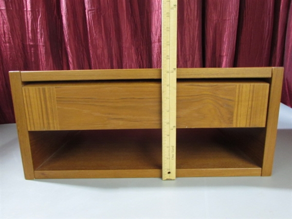 TWO WOOD SHELVES/DRAWERS