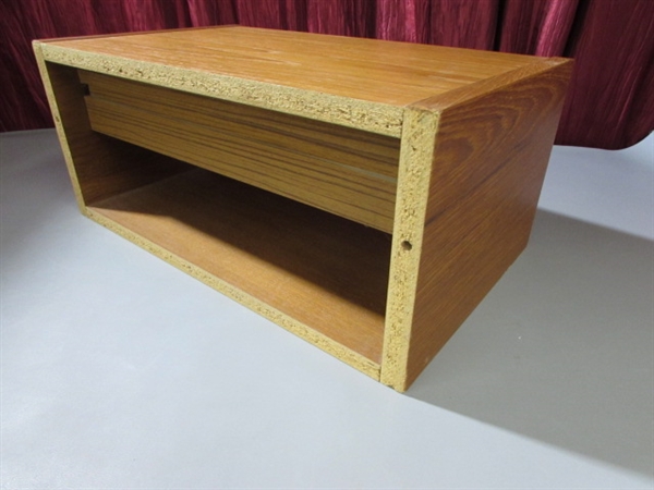 TWO WOOD SHELVES/DRAWERS