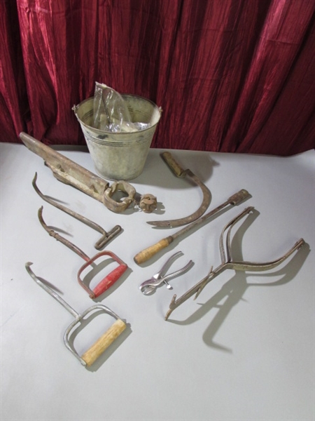 SMALL SICKLE, OIL CANS HAY HOOKS & MORE