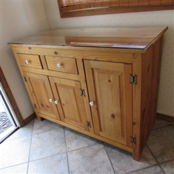 KNOTTY PINE CABINET WITH GLASS TOP