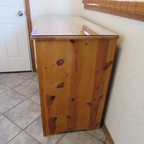 KNOTTY PINE CABINET WITH GLASS TOP
