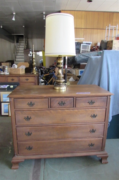 SOLID WOOD DRESSER AND BRASS TABLE LAMP